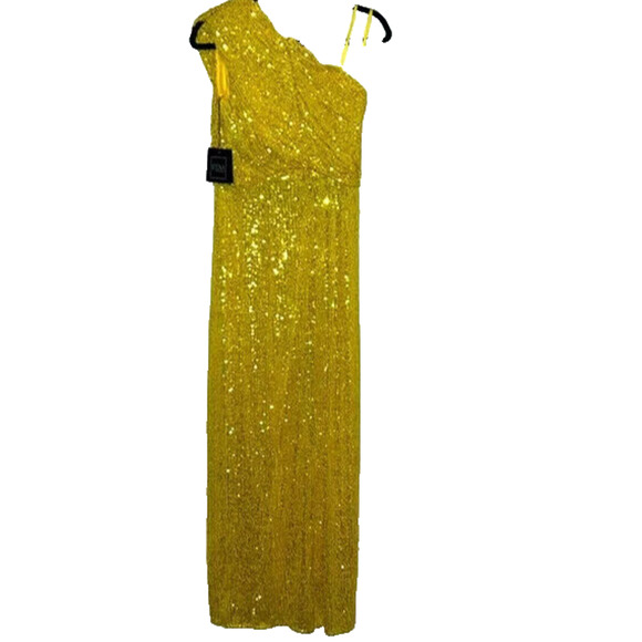 Mac Duggal 26694 Sequined Ruched One Shoulder Gown Yellow Sz 10 NWT - Picture 3 of 7